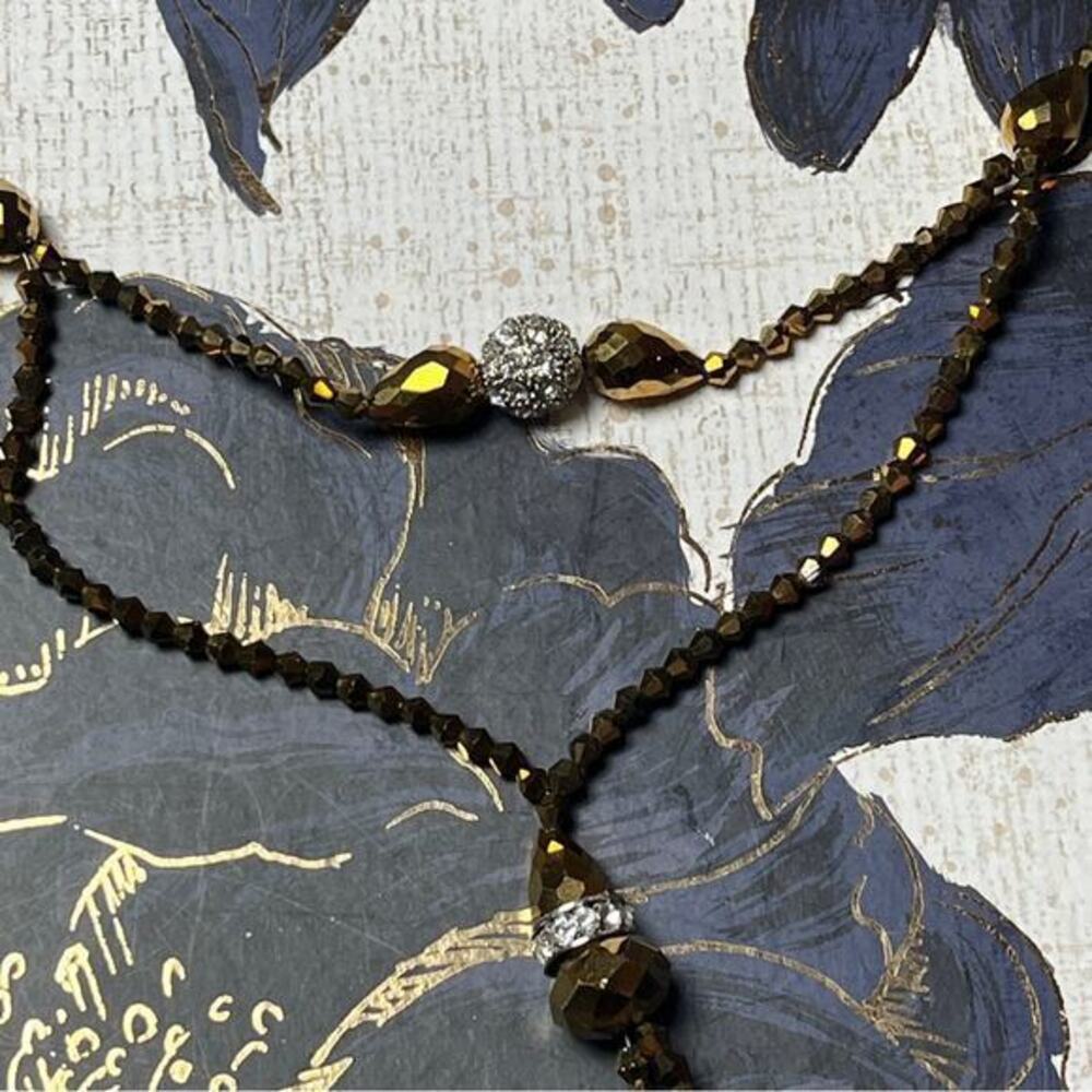 Estate Y2K Brown Faceted AB and Rhinestone Beaded Double Layer Drop Necklace D2